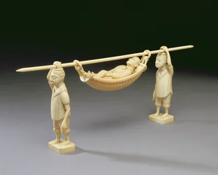 Figures of two African men carrying a European man, Congo